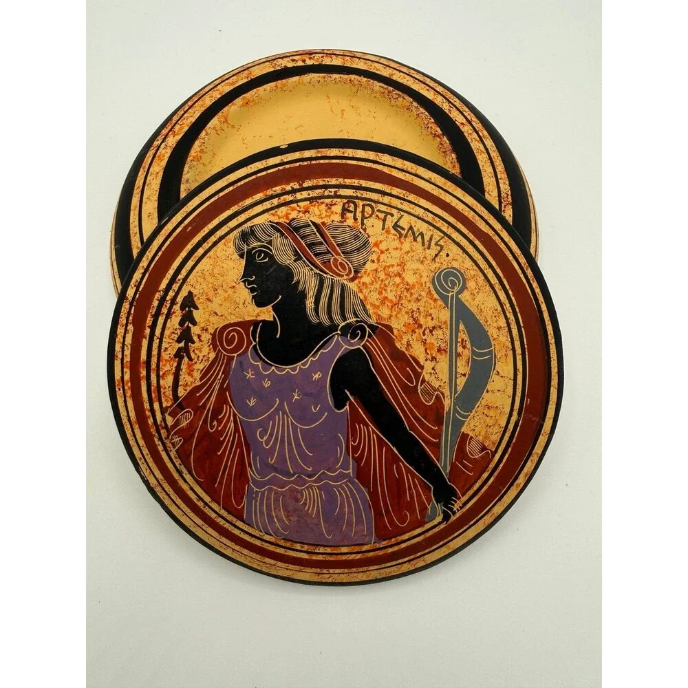 Vintage Greek Artemis ΑΡΤΕΜΙΣ Lidded Trinket Dish Bowl Greek Key
